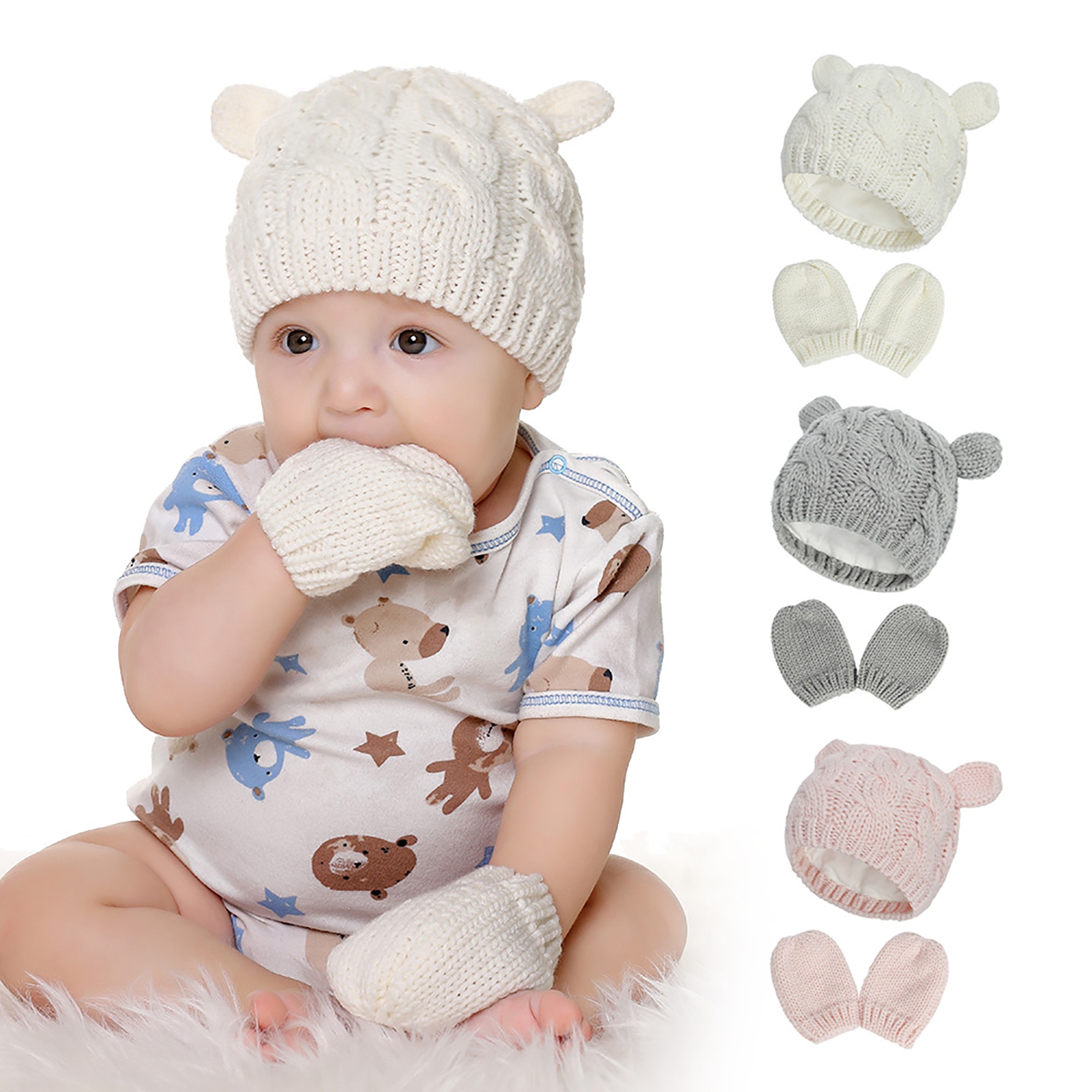 Visland Unisex Toddler Luxury Knitted Hat and Mitten, White